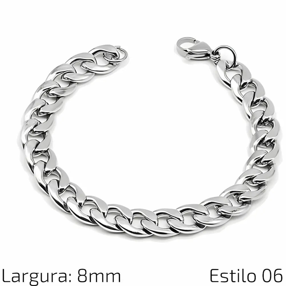 Estilo 06 Descrição: Pulseira de corrente de aço inoxidável com elos grossos e acabamento polido, proporcionando um visual robusto. Medidas: Largura: 8 mm.