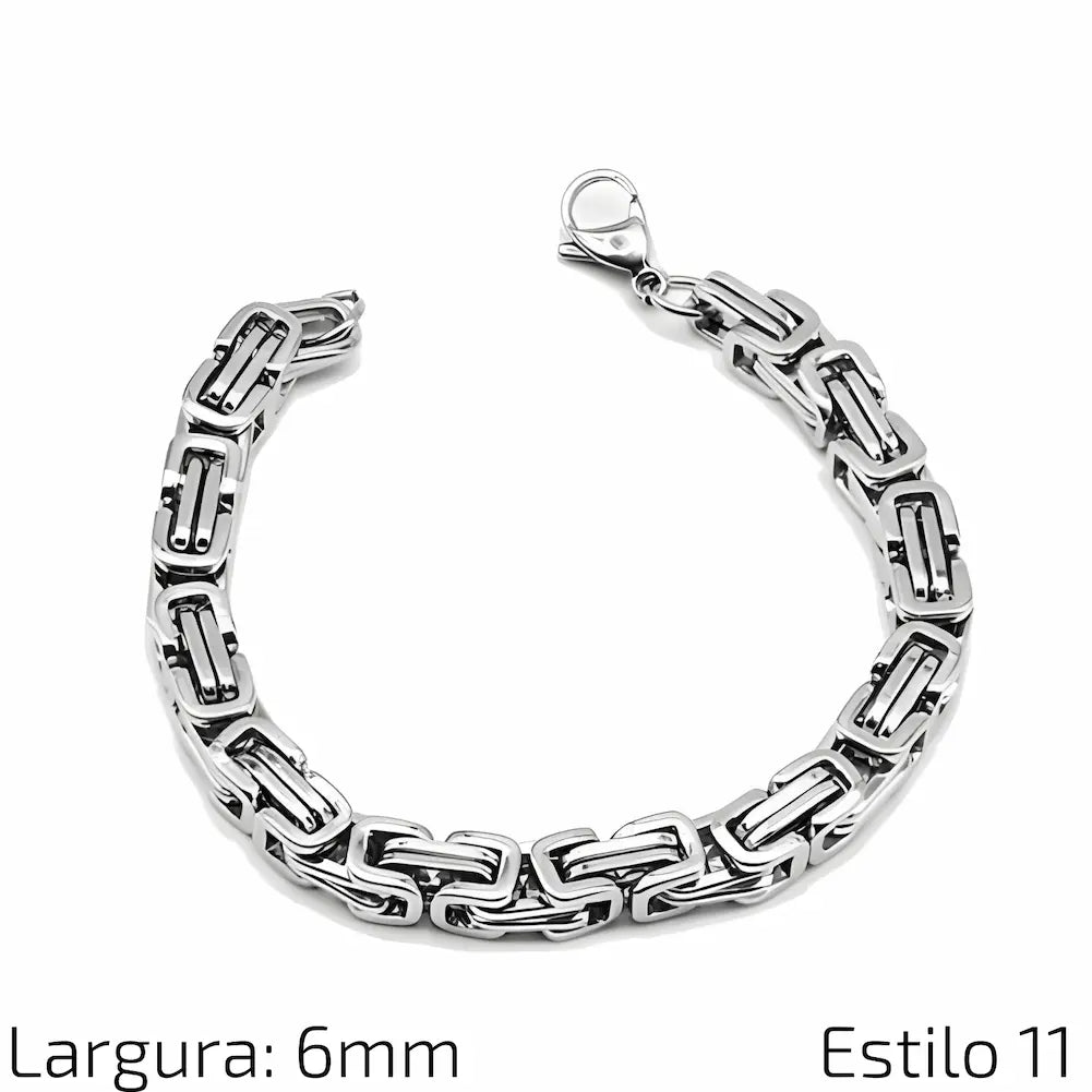 Estilo 11 Descrição: Pulseira de corrente de aço inoxidável com elos retangulares e duplos, dando um toque moderno e elegante. Medidas: Largura: 6 mm.