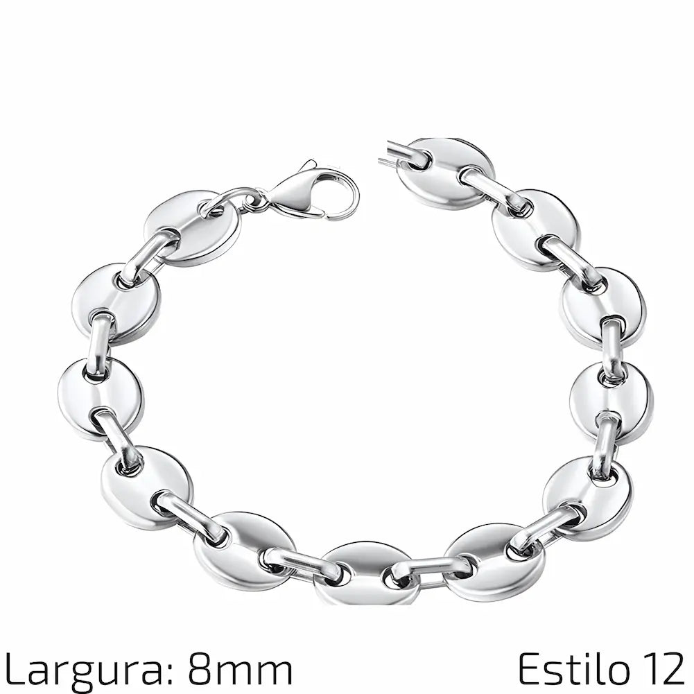 Estilo 12 Descrição: Pulseira de aço inoxidável com elos circulares e grandes, proporcionando um estilo sofisticado e distinto. Medidas: Largura: 8 mm.