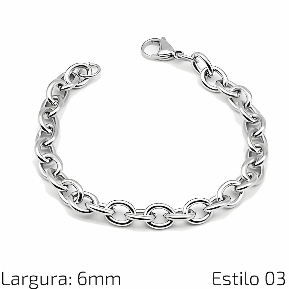 Estilo 03 Descrição: Pulseira de corrente de aço inoxidável com elos arredondados e acabamento polido, ideal para um visual clássico. Medidas: Largura: 6 mm.