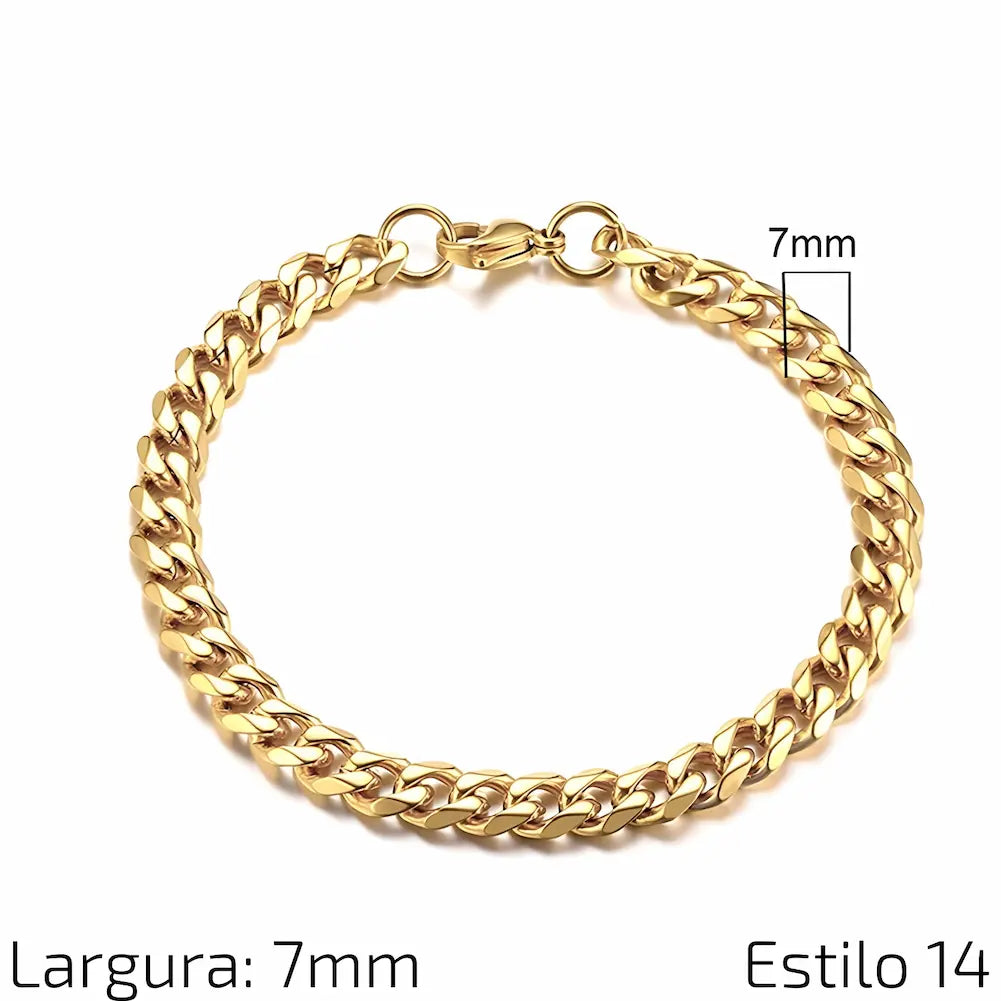 Estilo 14 Descrição: Pulseira de corrente de aço inoxidável dourado com elos grossos e acabamento polido, perfeita para um visual luxuoso. Medidas: Largura: 7 mm.