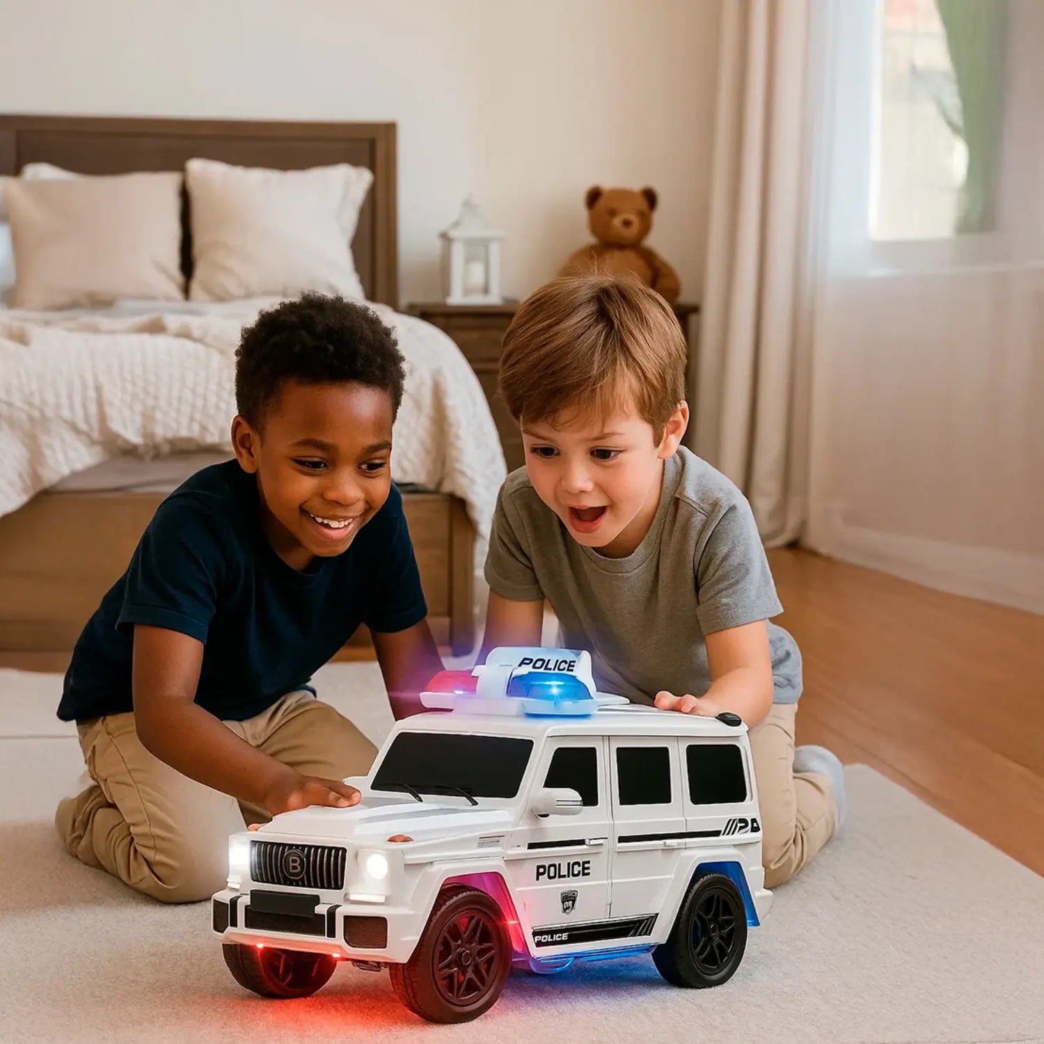A imagem mostra duas crianças brincando com um carro de polícia branco com luzes azuis e vermelhas, em um ambiente interno. Uma das crianças está segurando o carro enquanto a outra observa com entusiasmo. O carro tem um design detalhado, com a inscrição "POLICE" e luzes piscando, criando um efeito visual realista. O ambiente é acolhedor, com um quarto ao fundo, proporcionando uma atmosfera lúdica e divertida para as crianças.