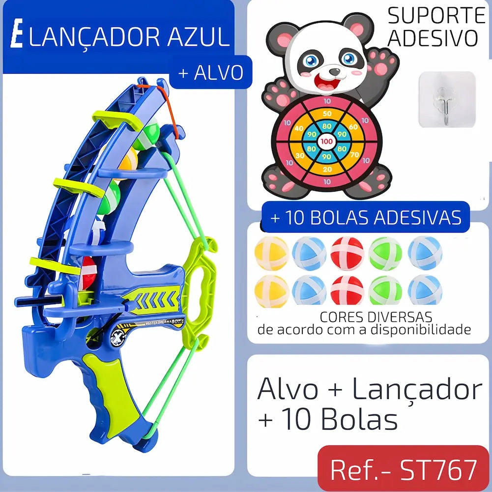 Imagem de um alvo de panda de 46,5 cm por 31 cm com círculos de pontuação coloridos, acompanhado de três bolas (rosa, azul, verde) de 3,4 cm de diâmetro e um suporte adesivo.