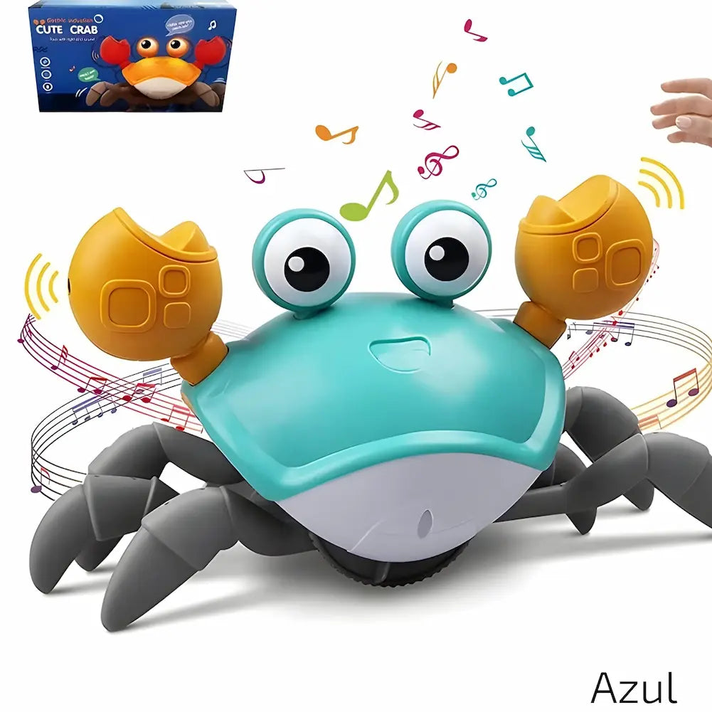  A imagem mostra um brinquedo caranguejo com corpo verde-água, garras amarelas e pernas cinzas. O caranguejo está emitindo notas musicais coloridas, sugerindo que toca música. No canto superior esquerdo da imagem, há uma pequena caixa do brinquedo mostrando seu design e detalhes. Uma mão infantil aparece no canto superior direito, indicando interação com o brinquedo. Na parte inferior direita, está a palavra "Azul", referindo-se à cor principal do brinquedo.