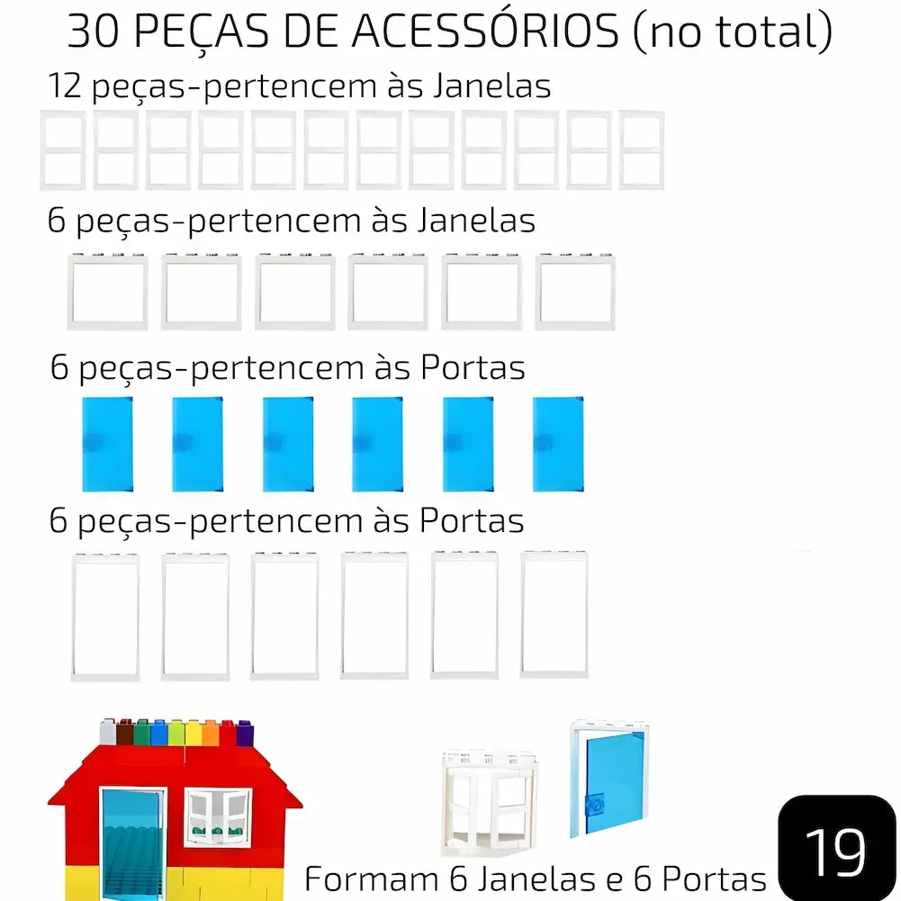 A imagem mostra um conjunto de 30 peças de acessórios divididas entre janelas e portas. São 12 peças para janelas, 6 peças de vidros para janelas, 6 peças para portas e 6 peças de vidros para portas. Com essas peças, é possível formar 6 janelas e 6 portas. A imagem inclui exemplos de montagem.