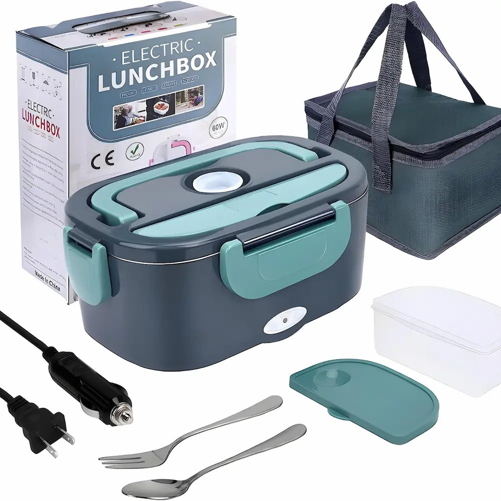  A imagem mostra uma marmita elétrica cinza e verde, acompanhada de uma caixa, uma bolsa térmica, um recipiente plástico, dois cabos de alimentação (um para carro e outro para tomada convencional), e talheres (garfo e colher). A caixa tem o texto "Electric Lunchbox" e várias imagens ilustrativas. O fundo é branco.