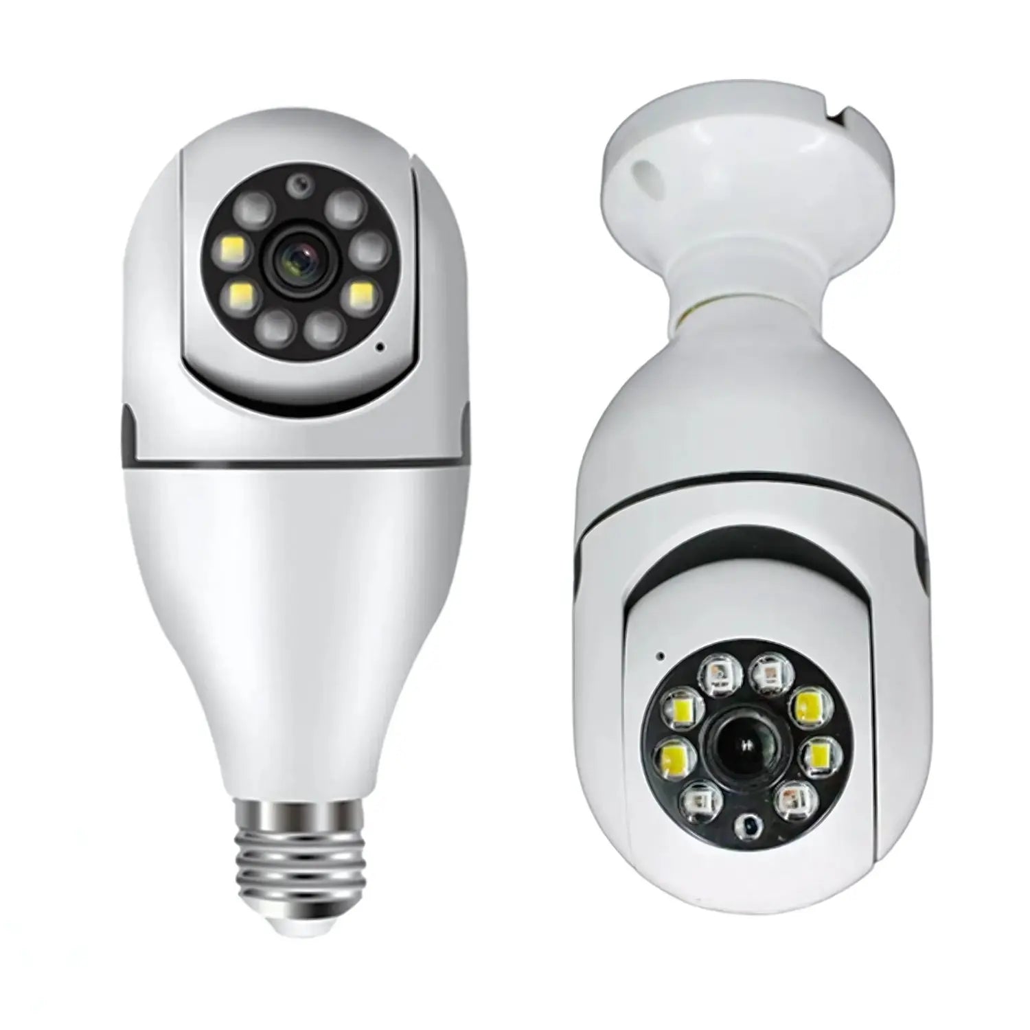 A imagem mostra uma câmera de segurança em formato de lâmpada, destacando-se por seu design discreto. Ela possui LEDs integrados para visão noturna, permitindo o monitoramento de ambientes mesmo em condições de pouca luz. A câmera tem a funcionalidade de girar, proporcionando uma cobertura de 360° para um monitoramento eficaz de grandes áreas. Ideal para uso interno, ela é uma solução inteligente para quem deseja manter a segurança sem comprometer a estética.