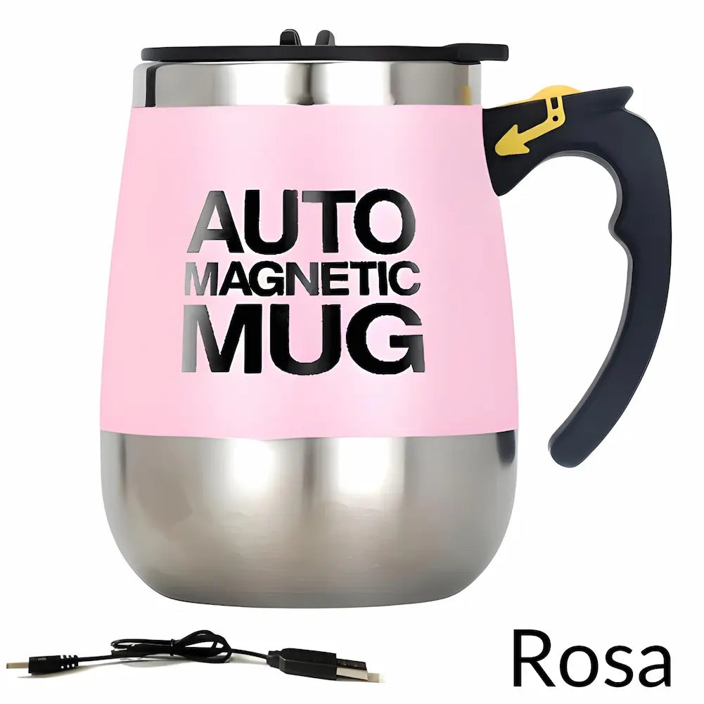 Caneca "AUTO MAGNETIC MUG" rosa, com corpo metálico prateado e cabo preto com detalhes amarelos. Inclui um cabo USB preto para carregamento. Este modelo é perfeito para quem busca uma solução eficiente e estilosa para preparar suas bebidas favoritas.