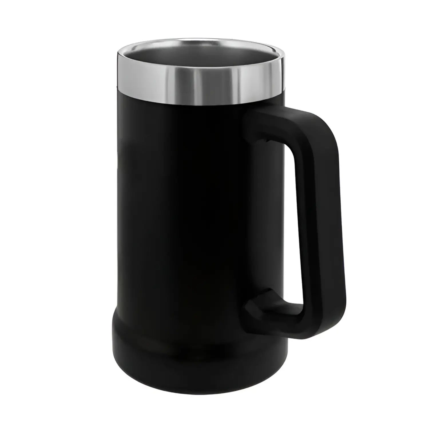 A imagem mostra uma caneca de design simples e elegante, com corpo preto fosco e acabamento metálico na parte superior. A alça é robusta e retangular, garantindo um bom conforto para segurar. O visual é minimalista e moderno, ideal para quem busca uma caneca funcional com um toque de sofisticação.