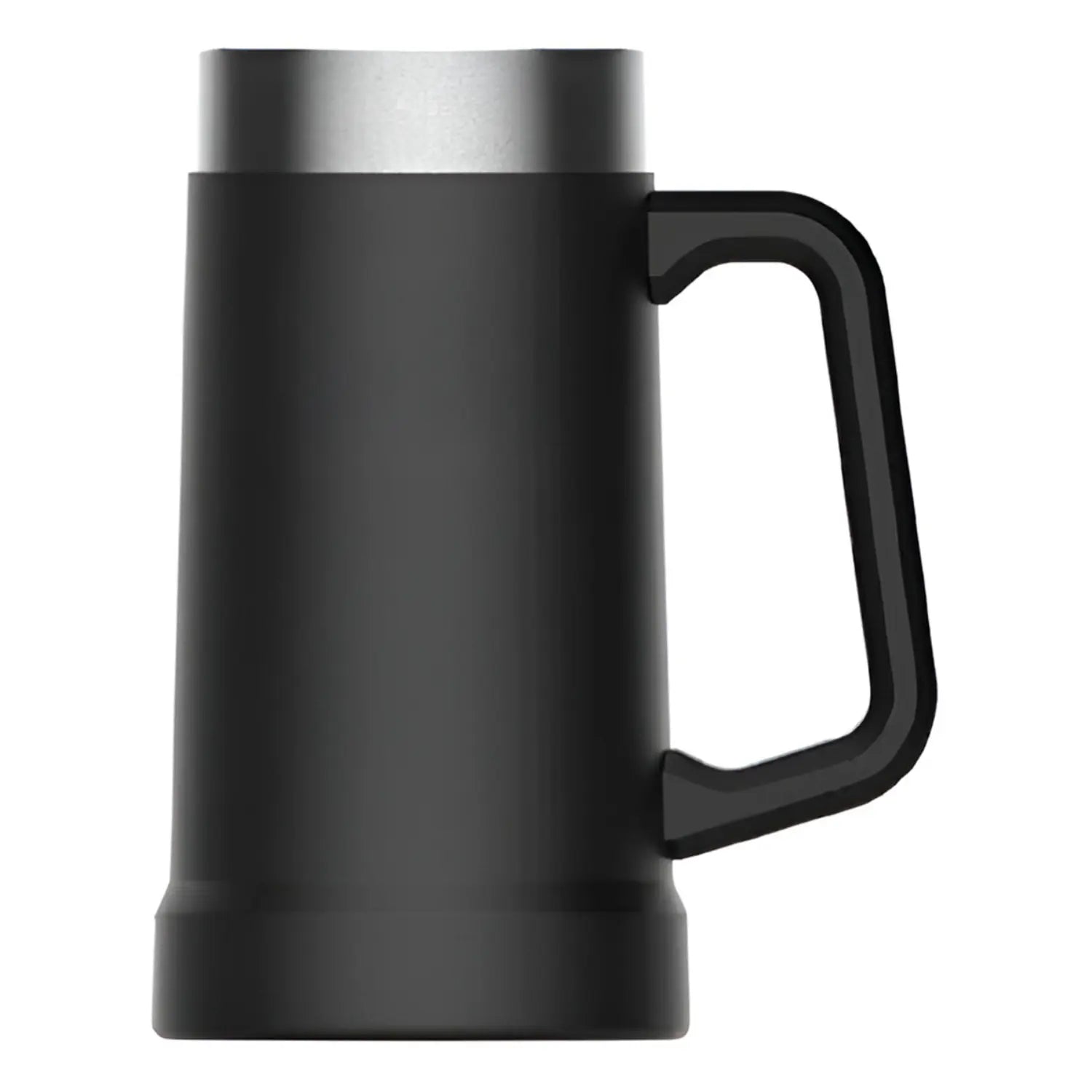 A imagem mostra uma caneca de estilo moderno e robusto, com corpo preto e acabamento em metal na parte superior. O design é minimalista, com uma alça retangular e estrutura mais volumosa na base. Parece ser feita de material resistente, ideal para bebidas quentes ou frias, com um toque de sofisticação e funcionalidade.