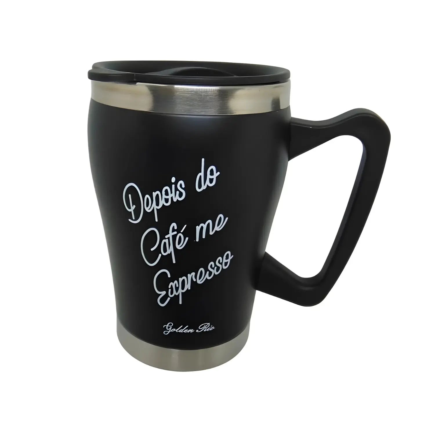 A imagem mostra uma caneca de design moderno e elegante, de cor preta com detalhes em inox. A caneca possui uma mensagem divertida escrita em branco: "Depois do Café me Expresso". É uma caneca com tampa, ideal para bebidas quentes, com alça ergonômica e perfeita para quem aprecia café. O design transmite um estilo descontraído e funcional para o uso diário.