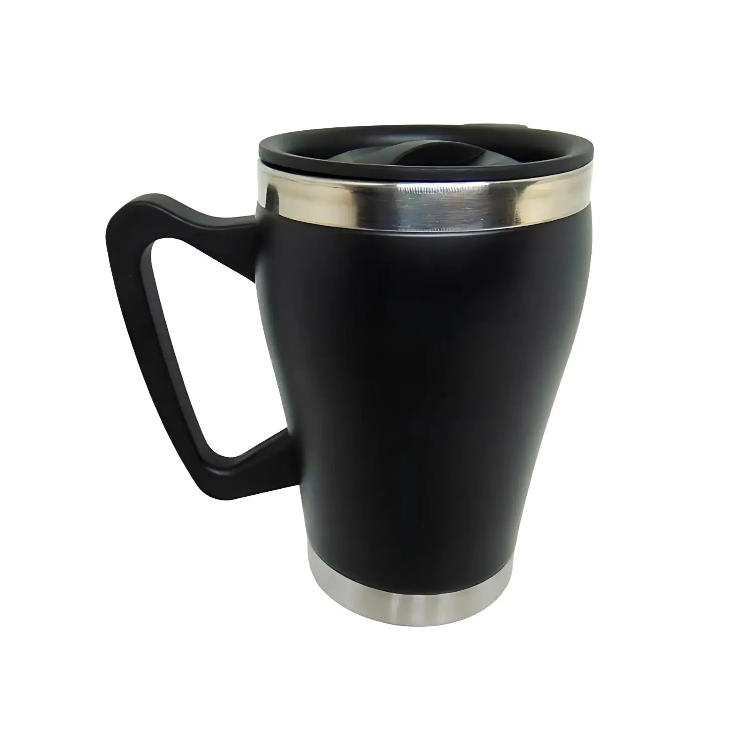 A imagem mostra uma caneca térmica de cor preta com detalhes em inox na parte superior e inferior. Ela possui um design moderno e ergonômico, com uma alça confortável para facilitar o manuseio. A tampa é projetada para evitar vazamentos, tornando a caneca ideal para viagens ou para manter a bebida quente. O produto combina praticidade e estilo, sendo perfeito para o dia a dia.
