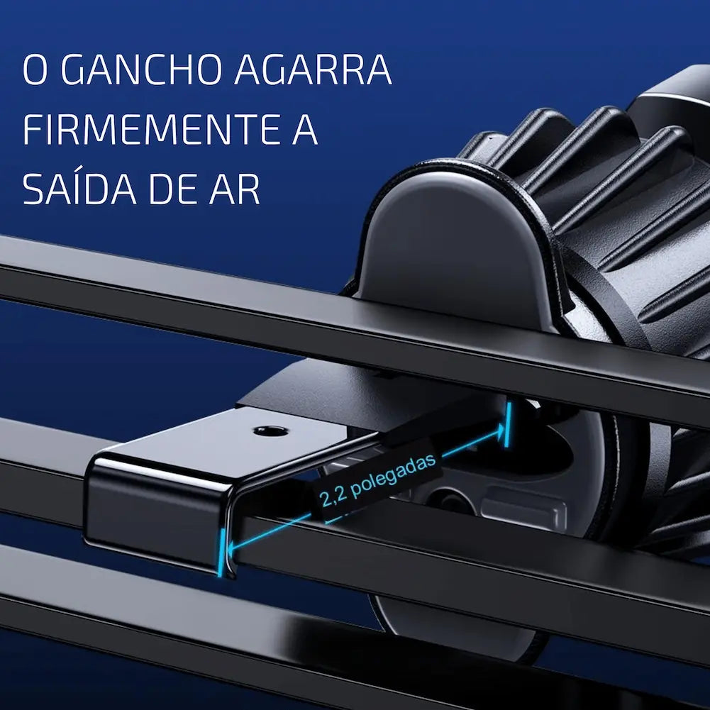 Imagem mostrando um close-up do gancho de um suporte de celular agarrando firmemente a saída de ar do carro. O gancho é mostrado medindo 2,2 polegadas. O texto "O GANCHO AGARRA FIRMEMENTE A SAÍDA DE AR" está no canto superior esquerdo. Fundo azul escuro, destacando o gancho e a fixação segura.