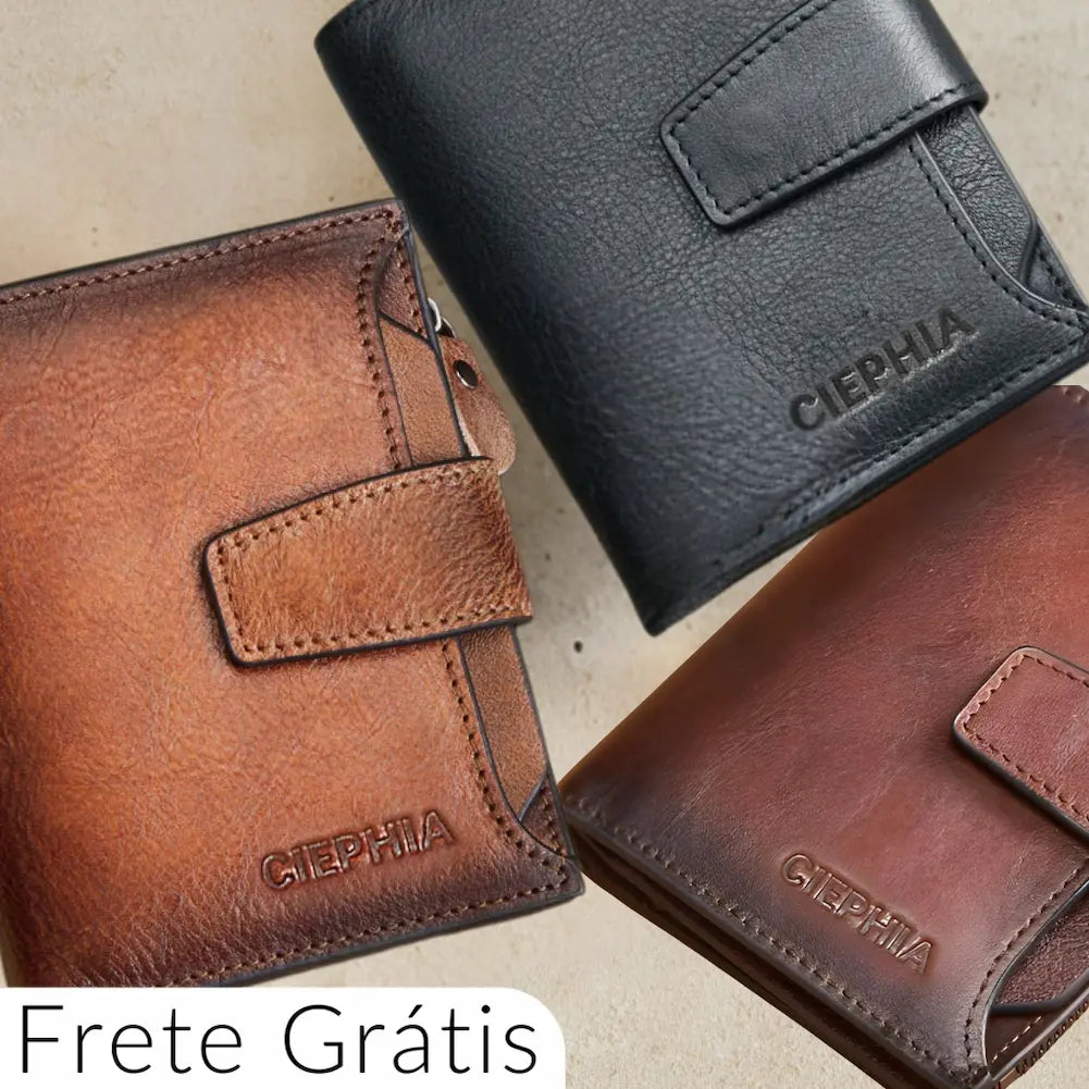 A imagem mostra três carteiras de couro, nas cores marrom, preta e marrom escuro. Todas possuem o logo "CIEPHIA" gravado na parte frontal e têm um design clássico e elegante, com um fecho em cada modelo. A legenda "Frete Grátis" sugere que há uma promoção para o envio do produto. As carteiras parecem ser sofisticadas e adequadas para o uso diário.