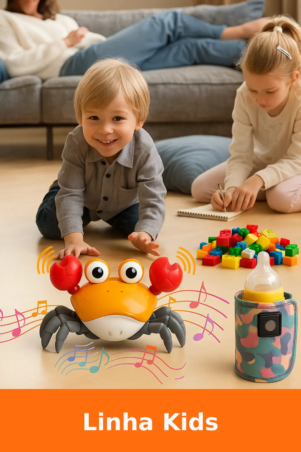 A imagem mostra duas crianças brincando em uma sala. Um menino sorri enquanto interage com um brinquedo de caranguejo musical, e uma menina monta blocos coloridos. Ao lado, há uma mamadeira térmica com estampa camuflada. No rodapé, um banner laranja com o texto: “Linha Kids”.