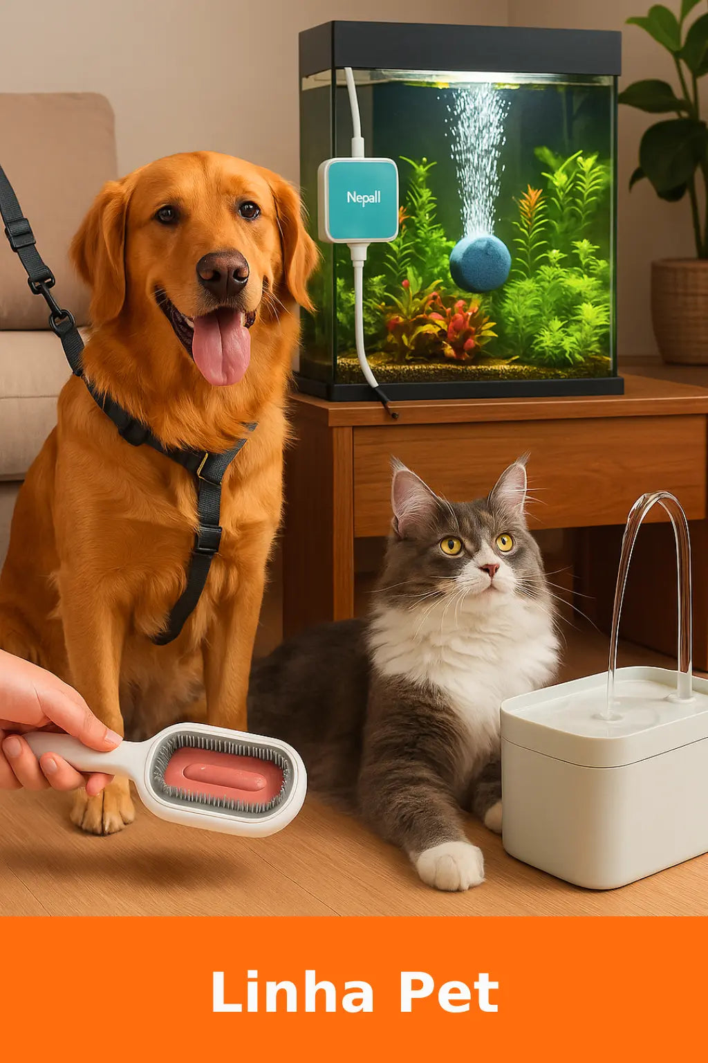 A imagem mostra um cachorro e um gato em um ambiente interno. O cachorro está com coleira e sendo escovado, enquanto o gato observa ao lado de uma fonte de água pet. Ao fundo, um aquário iluminado. Na parte inferior, um banner laranja com o texto: “Linha Pet”, destacando produtos voltados para animais de estimação.