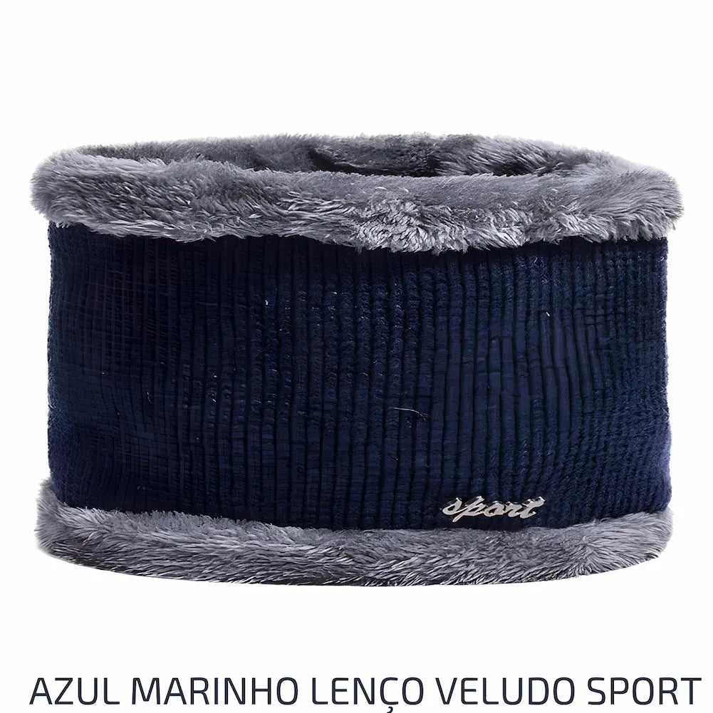  Lenço de veludo na cor azul marinho com bordas de pelo cinza. Ideal para atividades esportivas, com a palavra "sport" bordada na parte inferior. Este é uma das opções de compra.