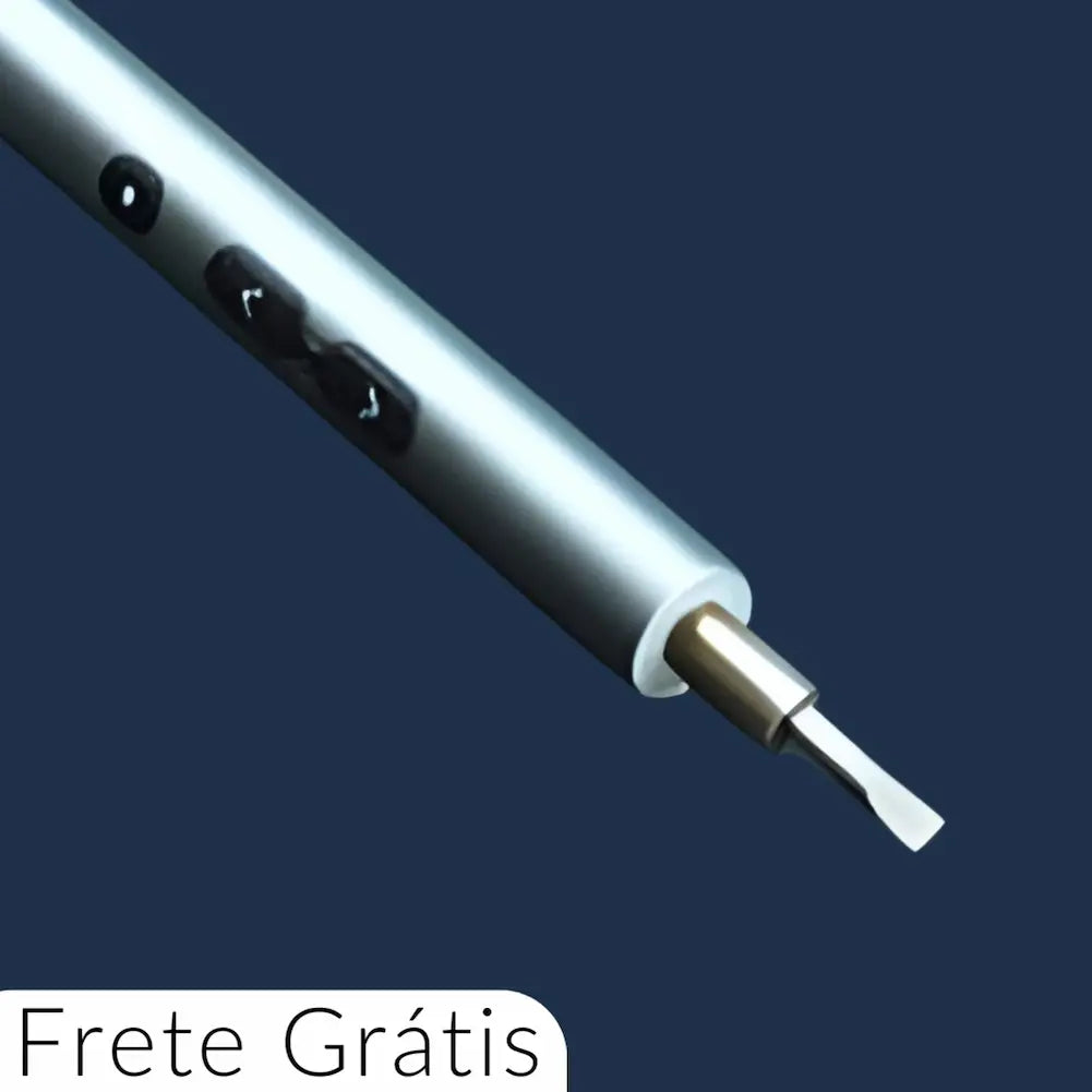 A imagem mostra uma chave de fenda elétrica com corpo metálico prateado e botões pretos. A ponta da chave de fenda é visível. No canto inferior esquerdo, está escrito "Frete Grátis". O fundo é azul escuro.