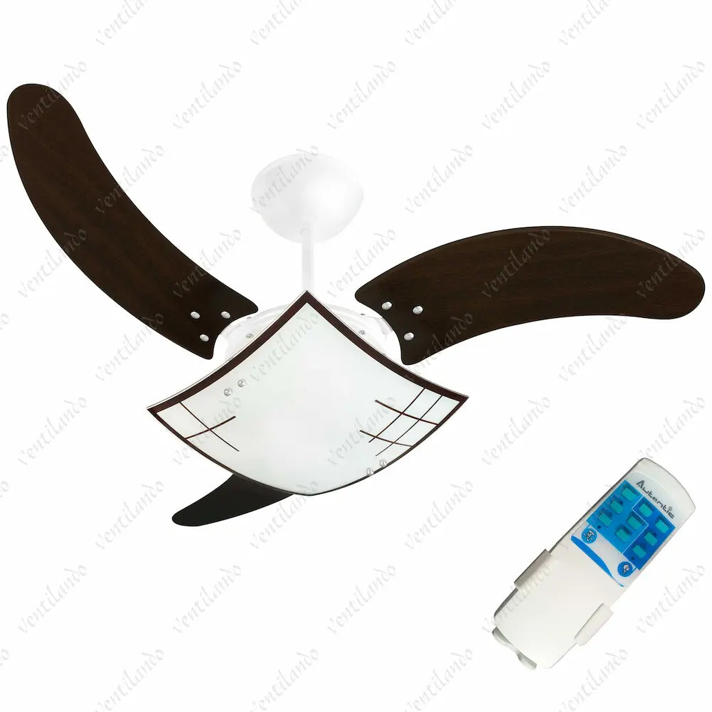 A imagem mostra um ventilador de teto com três pás de cor tabaco e um design moderno. O ventilador tem uma luminária central com detalhes geométricos. Ao lado, há um controle remoto portátil com botões azuis para controlar as funções do ventilador e da luz.
