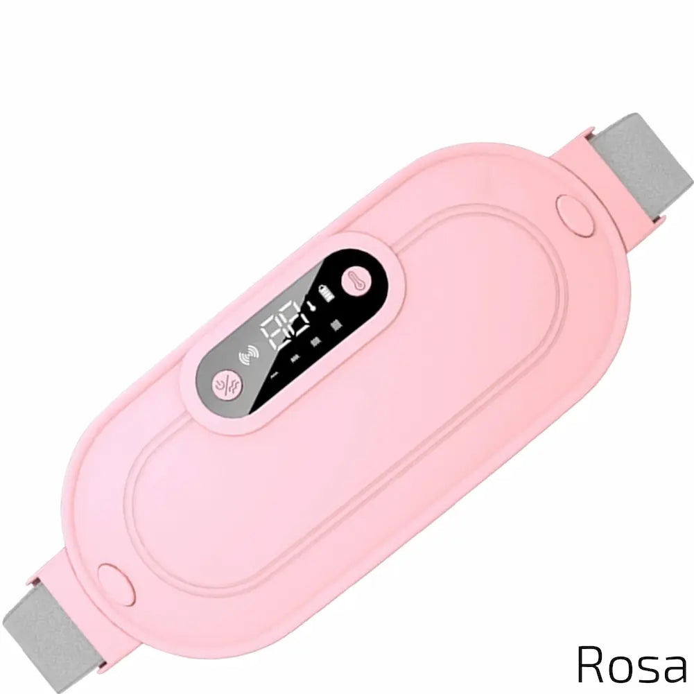 A imagem apresenta uma almofada térmica rosa para dor menstrual. O dispositivo tem um visor digital centralizado que mostra a temperatura de 65°C, botões de controle e uma faixa elástica cinza para fixação. O design é elegante e prático, com a descrição "Rosa" no canto inferior direito, destacando a cor do produto.