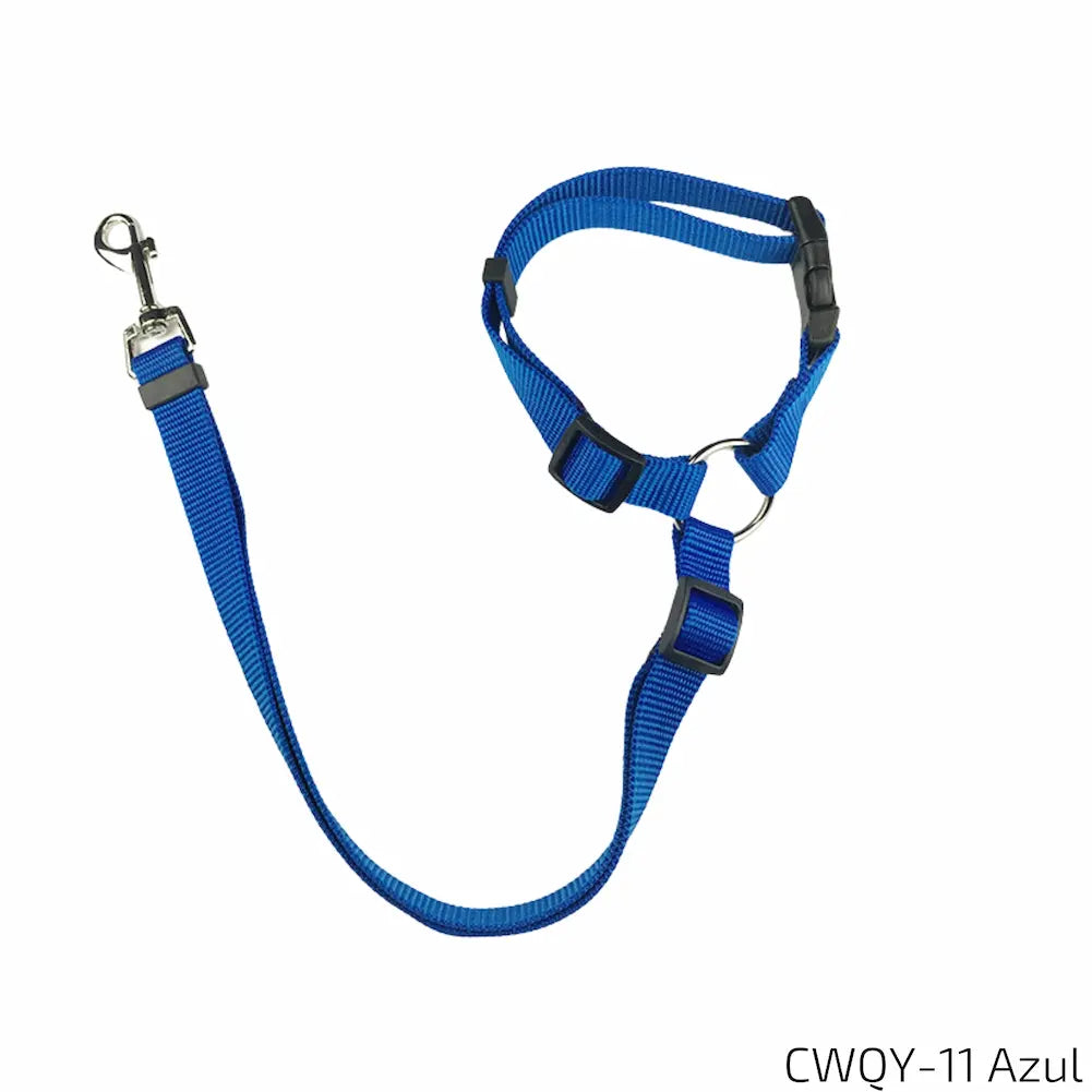 A imagem mostra um cinto de segurança para pets na cor azul. Ele é feito de nylon resistente, possui um colar ajustável com fecho de encaixe, uma fita ajustável e uma presilha de metal para fixação, oferecendo segurança e conforto para transporte ou passeio com o animal.
