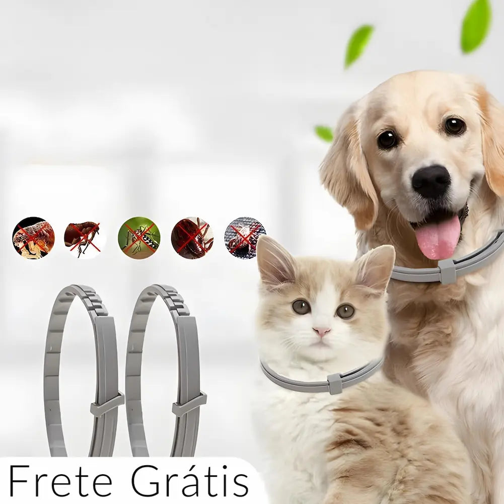 A imagem mostra um cachorro Golden Retriever e um gato de pelagem clara, ambos usando coleiras antipulgas cinzas. Ao fundo, ícones indicam a eficácia contra vários parasitas. Embaixo, estão duas coleiras destacadas e o texto "Frete Grátis", sugerindo promoção do produto.