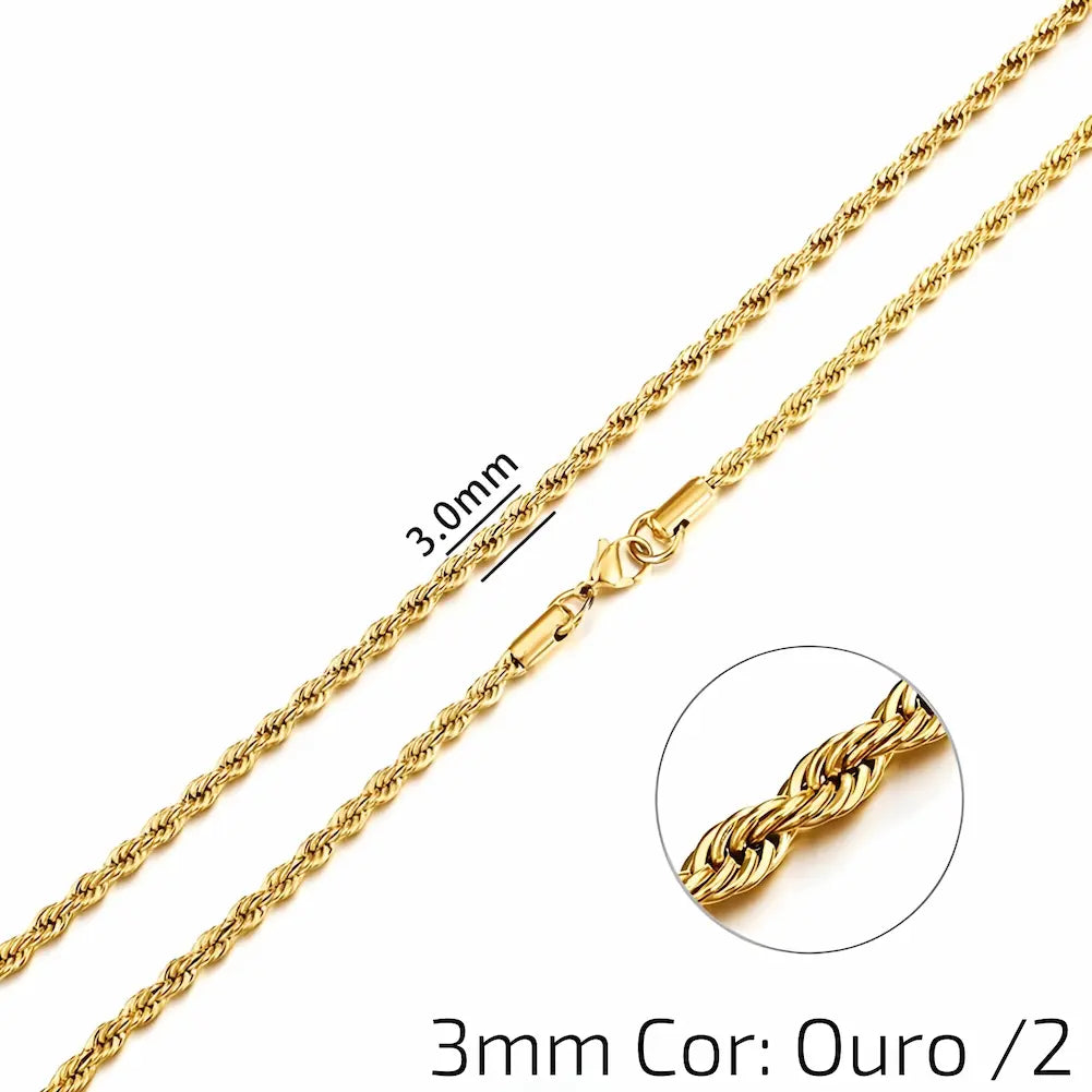 3mm Cor: Ouro /2 - Uma corrente dourada de 3mm com elos trançados e um fecho de garra. A imagem destaca a textura dos elos e o tamanho.