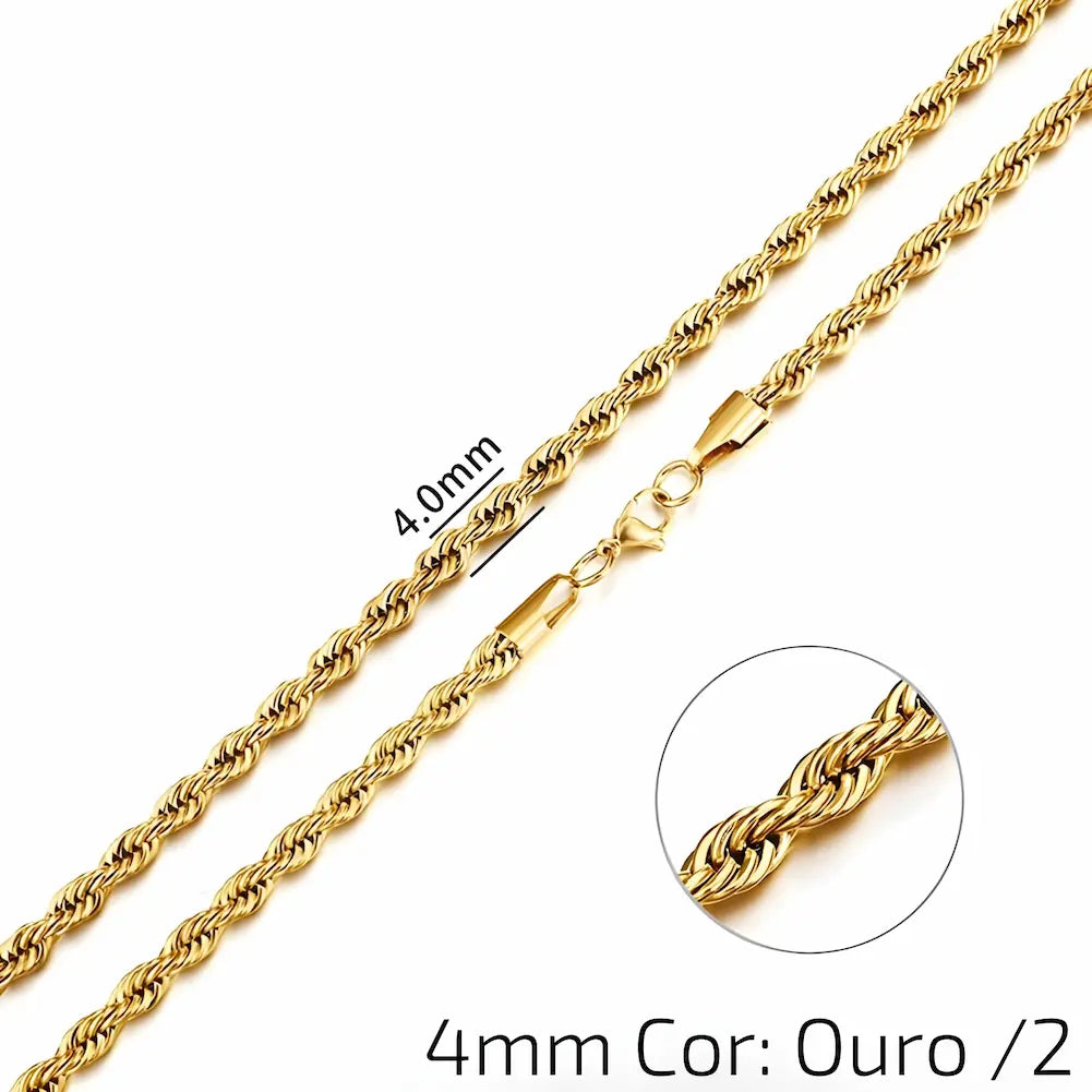 4mm Cor: Ouro /2 - Uma corrente dourada de 4mm com elos trançados e fecho de garra. A imagem foca na espessura e no design dos elos.