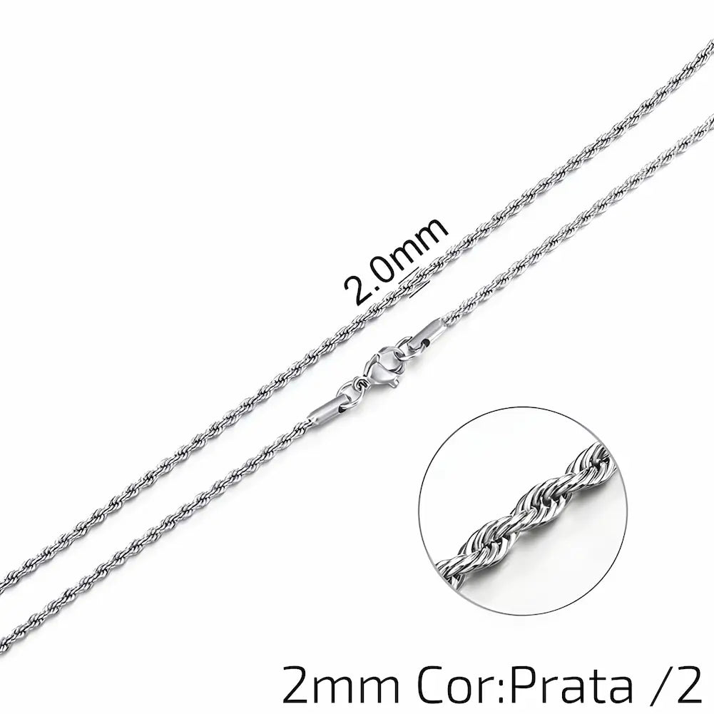 2mm Cor: Prata /2 - Uma corrente prateada de 2mm com elos trançados e fecho de garra. Inclui um close-up dos elos finos e detalhados.