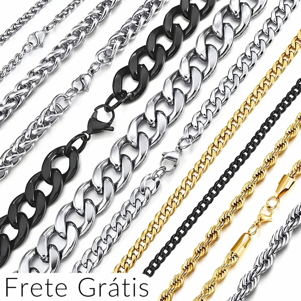A imagem exibe várias correntes de colares cubanos em diferentes estilos e acabamentos dispostos em um fundo branco. As correntes variam em cores, incluindo prateado, dourado e preto, com elos de diferentes tamanhos e espessuras. No canto inferior esquerdo, há o texto "Frete Grátis".