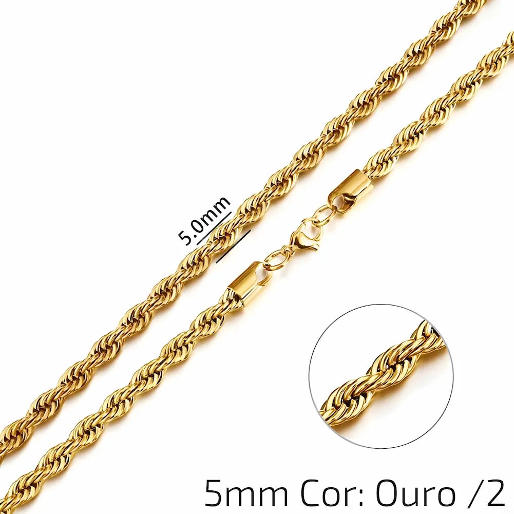 5mm Cor: Ouro /2 - Uma corrente dourada de 5mm com elos trançados e fecho de garra. A imagem mostra a robustez dos elos.