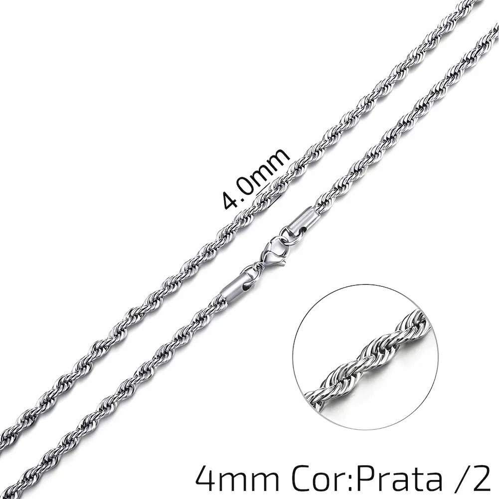 4mm Cor: Prata /2 - Uma corrente prateada de 4mm com elos trançados e fecho de garra. A imagem destaca a textura e o design dos elos.