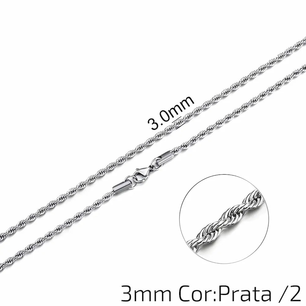 3mm Cor: Prata /2 - Uma corrente prateada de 3mm com elos trançados e fecho de garra. A imagem inclui um close-up dos elos finos.