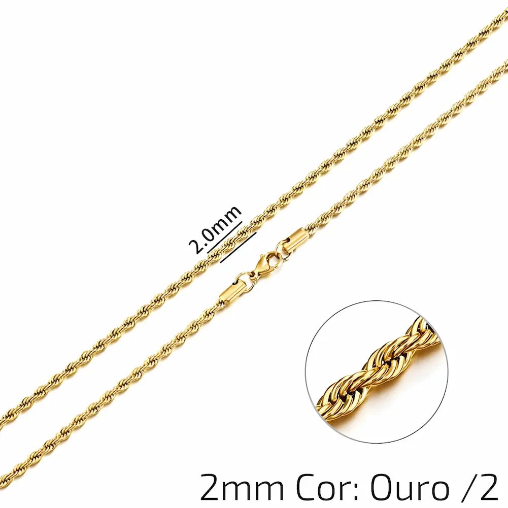 2mm Cor: Ouro /2 - Uma corrente dourada de 2mm com elos trançados e fecho de garra. A imagem destaca a delicadeza dos elos.