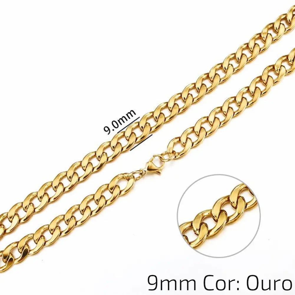 9mm Cor: Ouro - Uma corrente dourada de 9mm com elos lisos e fecho de garra. A imagem inclui um close-up dos elos e a indicação do tamanho.