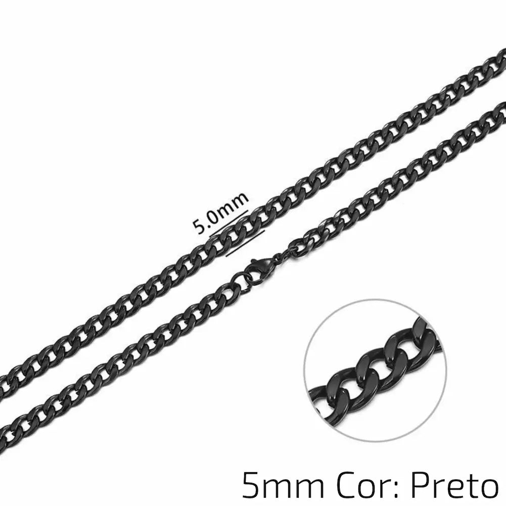 5mm Cor: Preto - Uma corrente preta de 5mm com elos lisos e fecho de garra. A imagem destaca a espessura e o design dos elos.