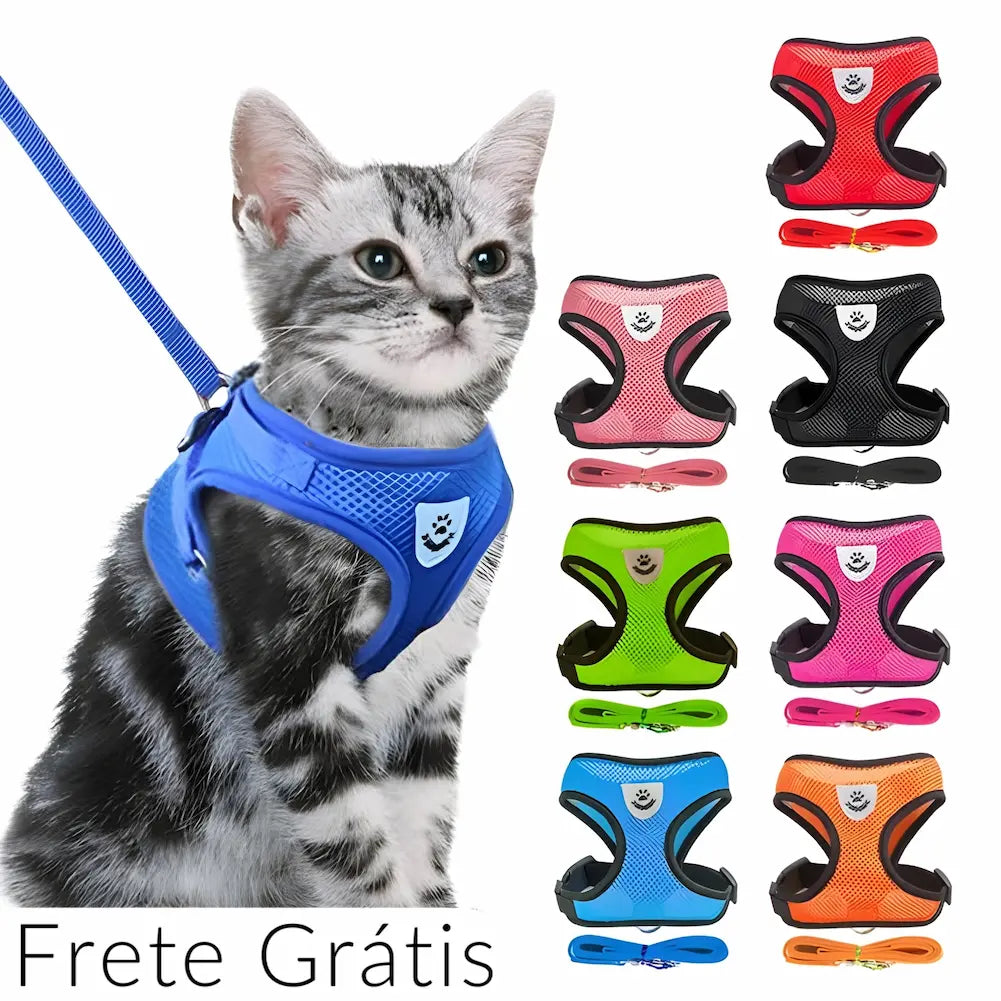 A imagem destaca um gato usando uma coleira peitoral azul com guia, ao lado de uma seleção de coleiras disponíveis em várias cores: vermelho, rosa, preto, verde, pink, azul e laranja. Cada coleira vem com uma guia combinando. A mensagem "Frete Grátis" está visível na parte inferior.