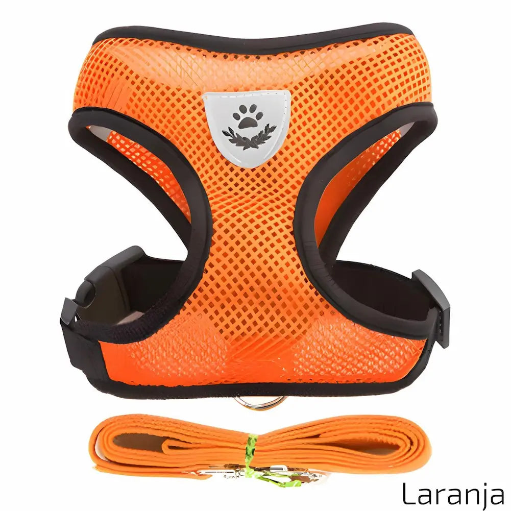 A imagem mostra uma coleira peitoral laranja vibrante com detalhes em preto e um emblema de pata. Acompanha uma guia da mesma cor. Design em malha respirável, ideal para manter seu pet confortável e seguro.