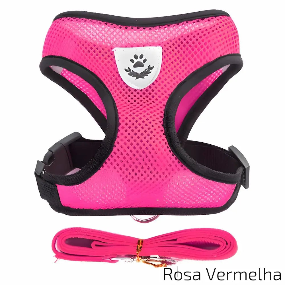 A imagem destaca uma coleira peitoral em rosa vibrante, com detalhes pretos e um emblema de pata prateado. Inclui uma guia da mesma cor, oferecendo segurança e um visual chamativo para seu animal.