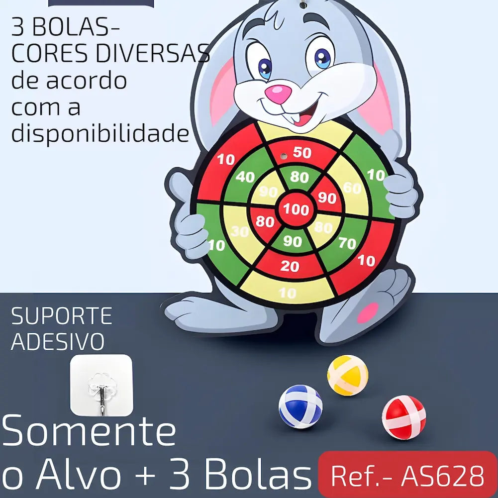 Ref. AS628 Imagem de um alvo de coelho com círculos de pontuação coloridos, acompanhado de três bolas (amarela, azul, vermelha) e um suporte adesivo. Indicado como “Somente o Alvo + 3 Bolas”.
