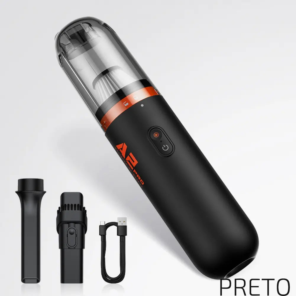 A imagem mostra um aspirador de pó portátil AZPRO na cor preta, junto com seus acessórios. Inclui um bico fino, um bocal de sucção, e um cabo USB para carregamento. O aspirador é cilíndrico com detalhes laranja e uma tampa transparente. O fundo é branco e o texto "PRETO" está no canto inferior direito.