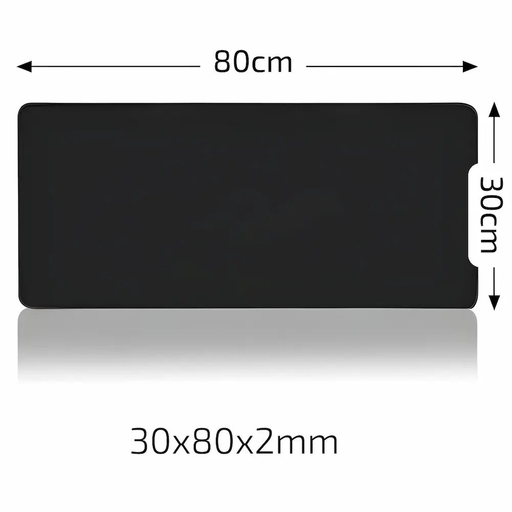  Imagem de um mousepad preto retangular com as dimensões especificadas ao redor. A largura é de 80 cm e a altura é de 30 cm. A espessura é indicada como 3 mm. As dimensões "30x80x3mm" estão escritas abaixo do mousepad. O fundo é branco e a superfície é reflexiva.