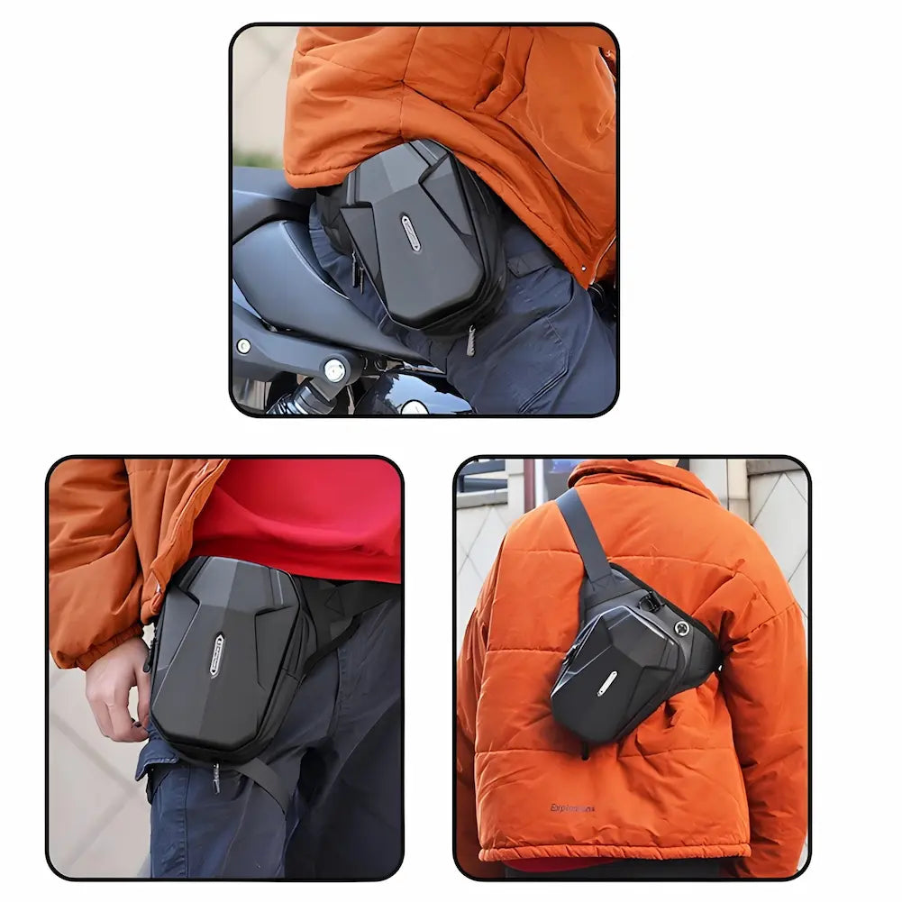  Três imagens mostrando diferentes maneiras de usar a mochila preta Blazewind. A imagem superior mostra a mochila presa à cintura de uma pessoa sentada em uma motocicleta, usando uma jaqueta laranja. A imagem inferior esquerda mostra a mochila presa à cintura de uma pessoa em pé. A imagem inferior direita mostra a mochila sendo usada transversalmente nas costas da pessoa. Todas as imagens destacam a versatilidade e o design aerodinâmico da mochila.