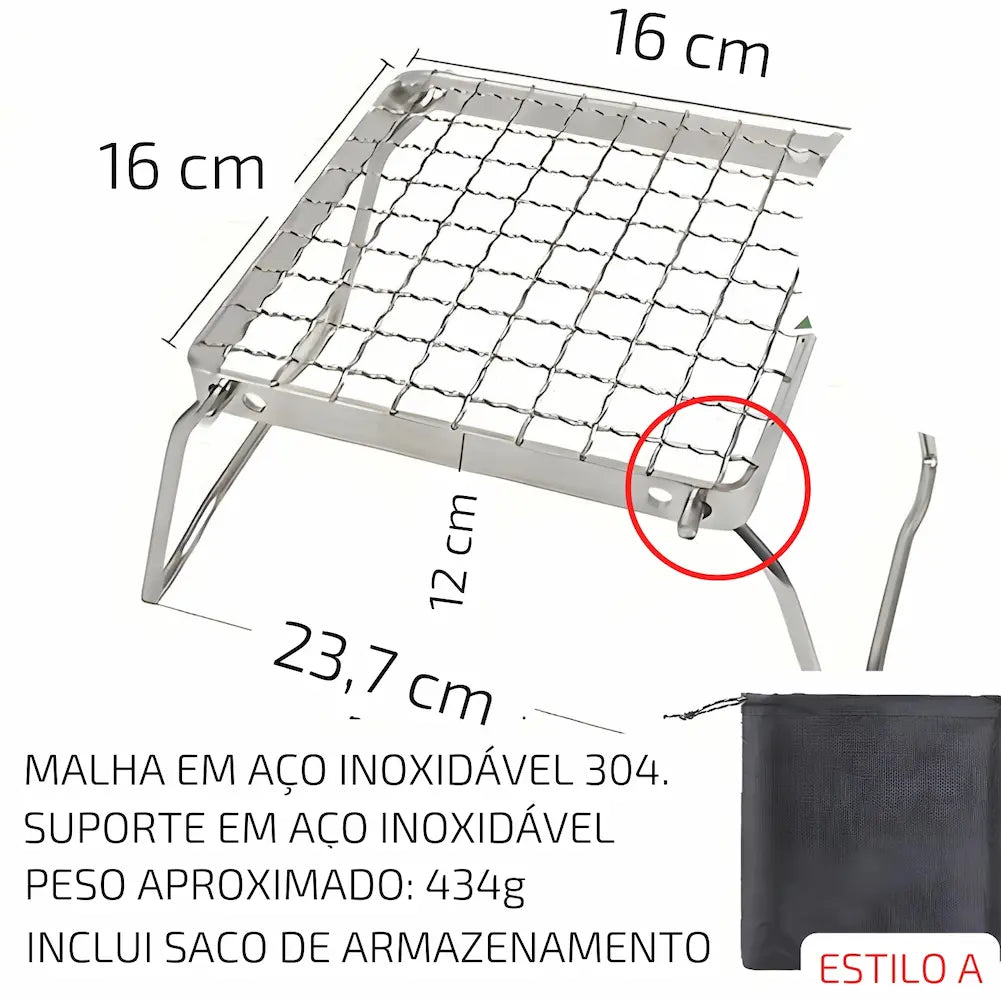 Imagem de uma grelha em aço inoxidável 304 com dimensões detalhadas: 16 cm de largura, 16 cm de comprimento, 12 cm de altura e 23,7 cm de profundidade. A imagem destaca a grelha com uma marcação em círculo e inclui um saco de armazenamento. O texto descreve o material e peso (434g).