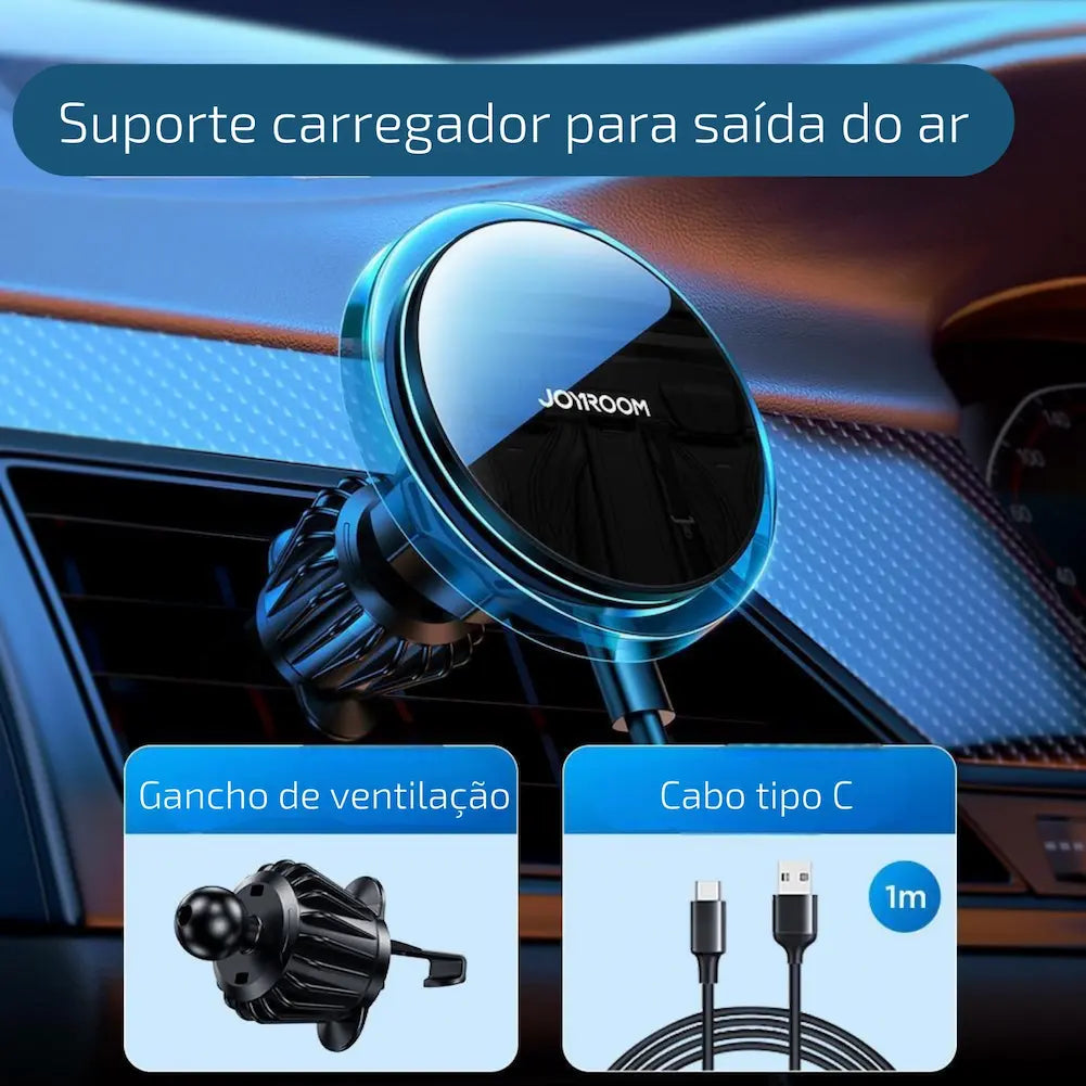  Imagem mostrando um suporte de celular Joyroom fixado na saída de ar do carro. Texto no topo diz "Suporte carregador para saída do ar". Abaixo, duas imagens menores: um gancho de ventilação e um cabo tipo C de 1 metro. O fundo destaca o interior do carro com luzes azuis e detalhes em laranja.