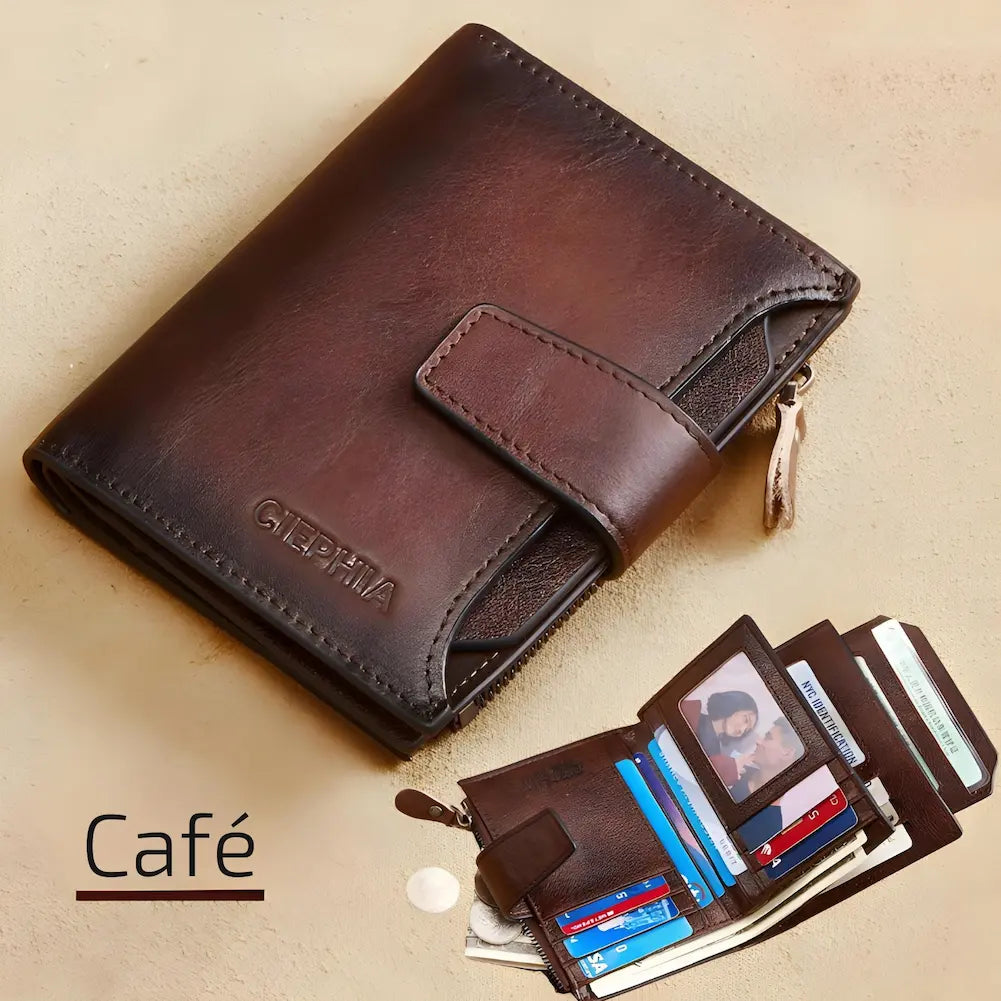 Café - Carteira masculina na cor café com fecho de aba e zíper. A imagem mostra a carteira fechada e aberta, evidenciando os espaços para cartões, dinheiro e moedas.