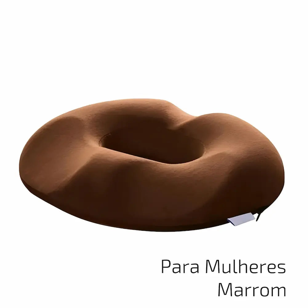 Para Mulheres Marrom: Almofada marrom em formato de donut, projetada para mulheres. A cavidade central oferece suporte ergonômico e alívio de pressão. Ideal para uso em escritórios ou viagens. Esta é uma das opções de compra.