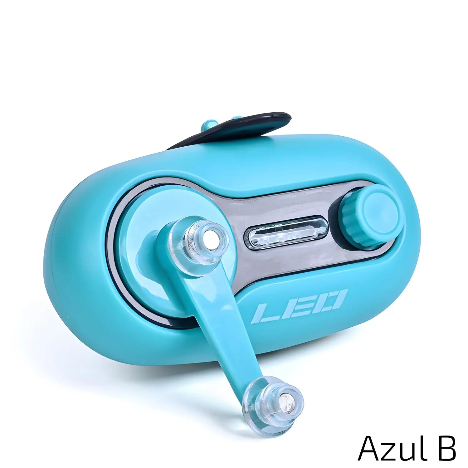 A imagem mostra o dispositivo na versão azul, agora configurado no "Modo B". O design é o mesmo, com a palavra "LED" visível e o botão de ajuste na parte frontal, mas neste modo, a alavanca está em uma posição diferente, sugerindo uma função distinta. O dispositivo continua compacto e moderno.