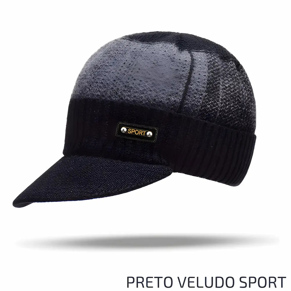 Chapéu de veludo na cor preta com textura, aba e etiqueta "SPORT". Ideal para uso em atividades esportivas e climas frios. Este é uma das opções de compra.