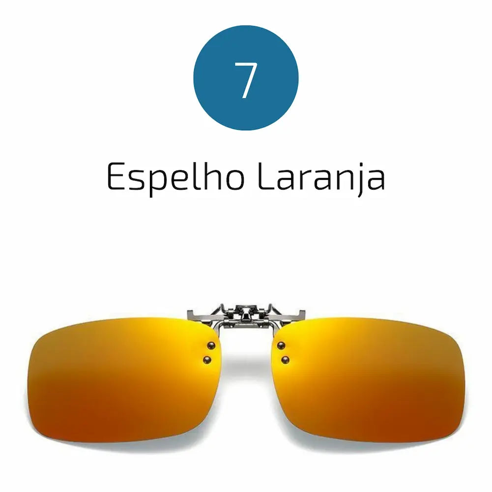 
A imagem exibe a opção 7, representando lentes clip-on com acabamento espelhado na cor laranja. Com design retangular e sistema de encaixe prático, essas lentes oferecem proteção UV e estilo vibrante, ideais para quem busca funcionalidade e um visual moderno.